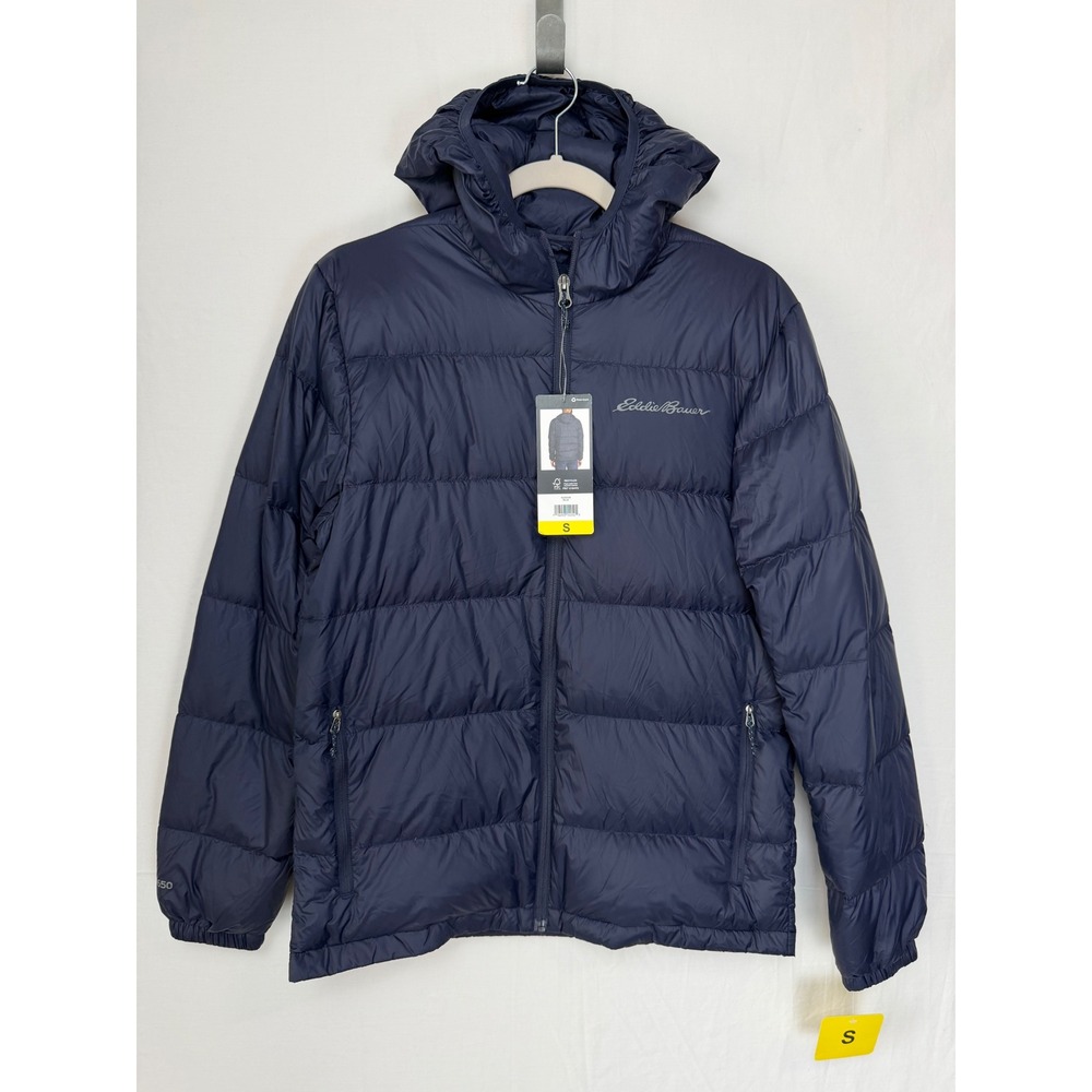 Eddie Bauer NWT Mens Wide Channel Hooded Down Jacket Small Blue 650 Fill Puffer